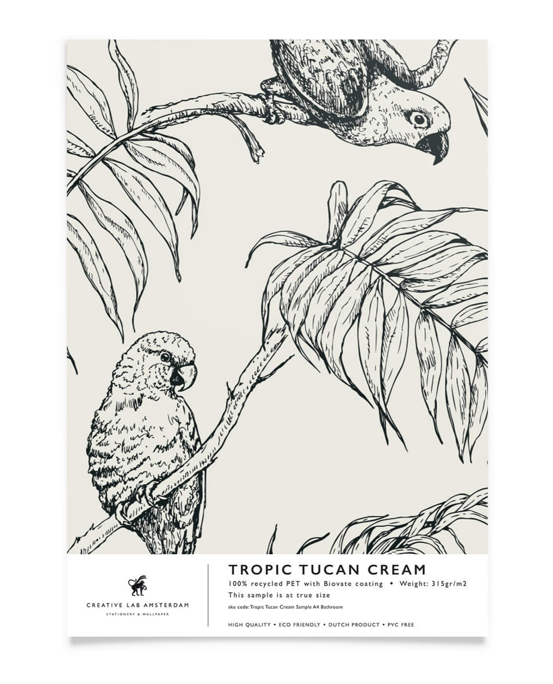 Creative Lab Amsterdam badkamer behang Tropic Tucan bathroom Wallpaper Cream sample