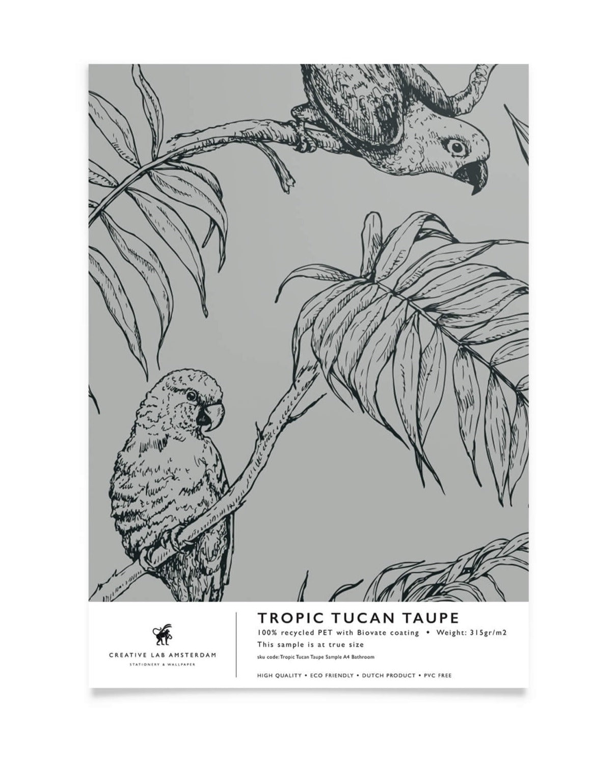 Creative Lab Amsterdam badkamer behang Tropic Tucan bathroom Wallpaper Taupe sample