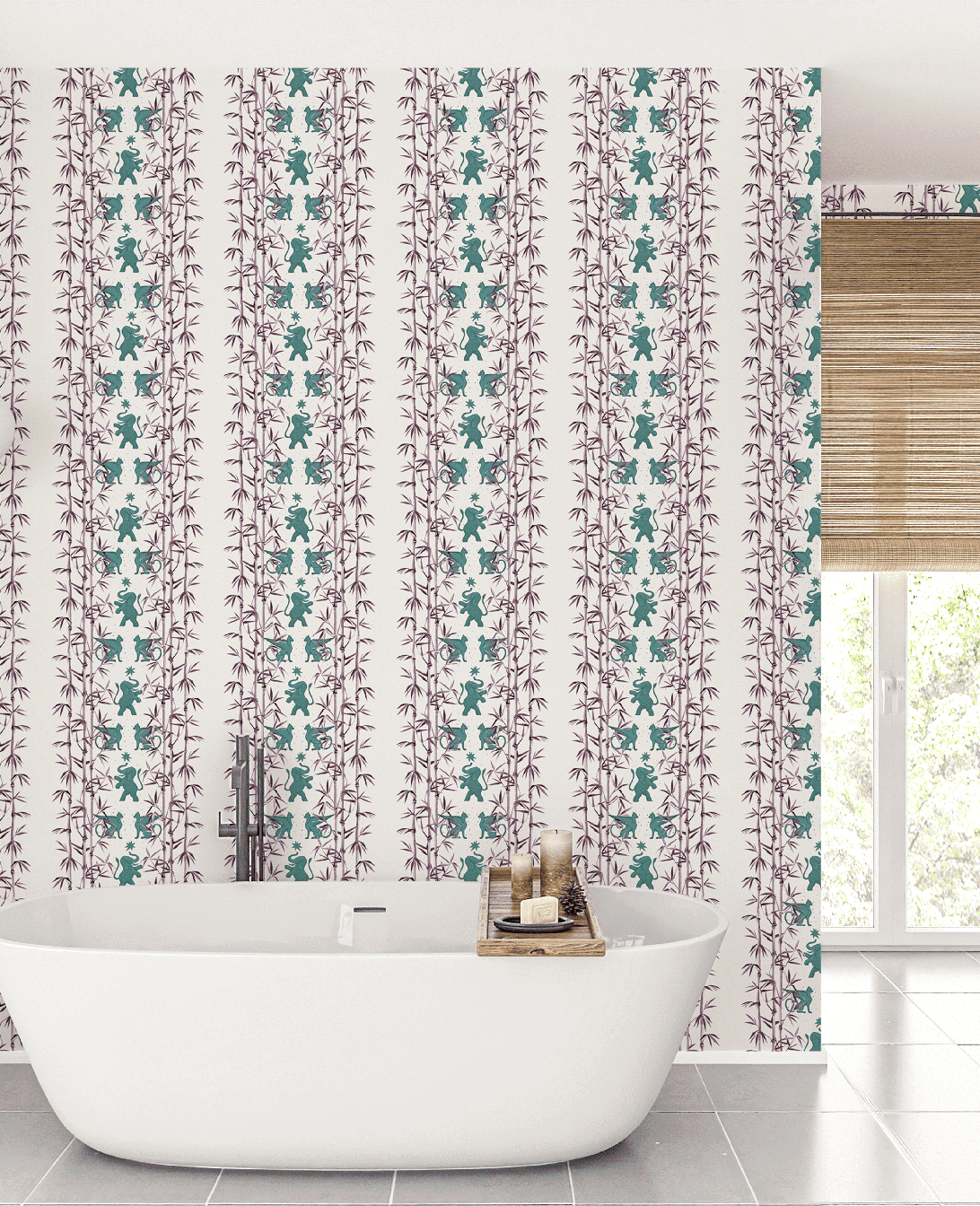 Creative Lab Amsterdam badkamer behang Eclectic Bamboo Purple Turquoise bathroom wallpaper