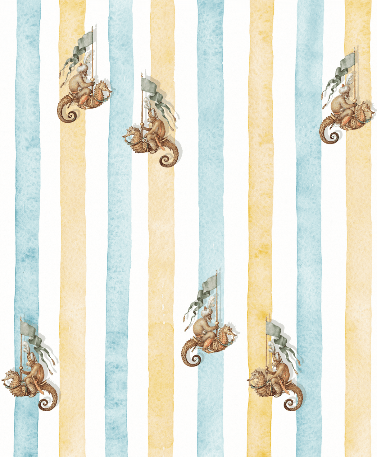 Creative Lab Amsterdam behang Seahorse Riders Yellow & Blue wallpaper detail