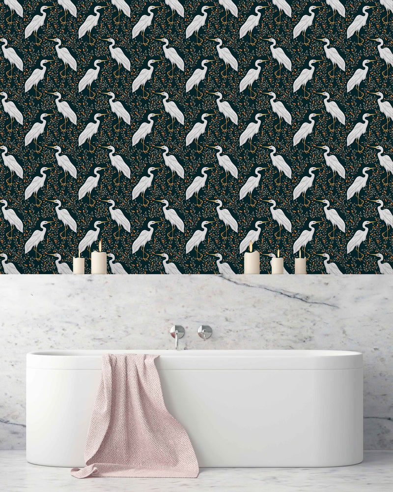 Creative Lab Amsterdam badkamer behang White Heron bathroom Wallpaper Dark