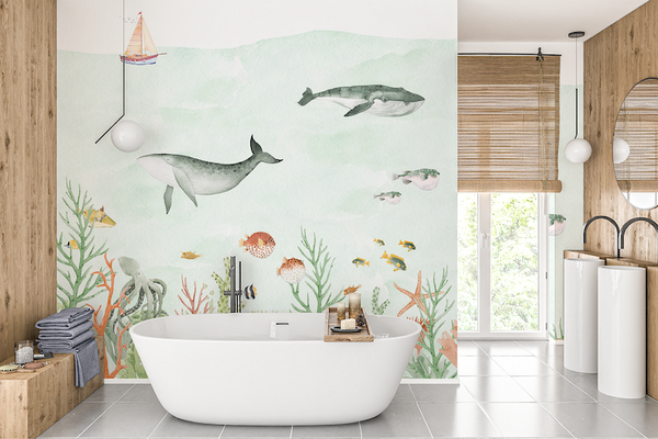 Charming contemporary bathroom clad in Fornasetti Acquario Wallpaper and  white marble ar  Bathroom wallpaper fish Bathroom design with wallpaper  Trendy bathroom