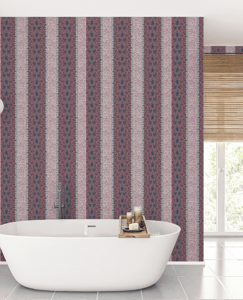 Creative Lab Amsterdam badkamer behang Eclectic Bamboo Ribbon Burgundy bathroom wallpaper