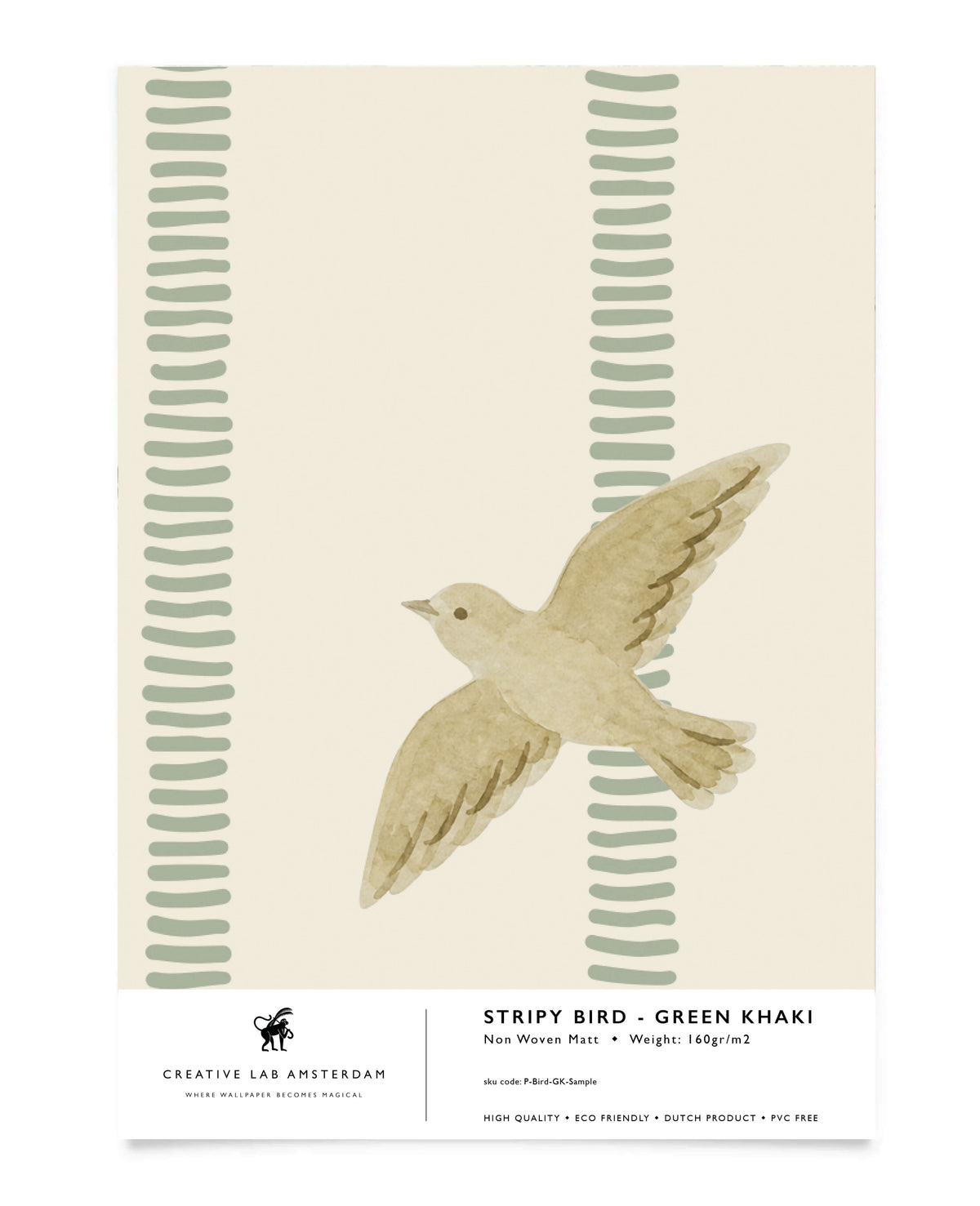 Stripy Bird - Green Khaki Sample