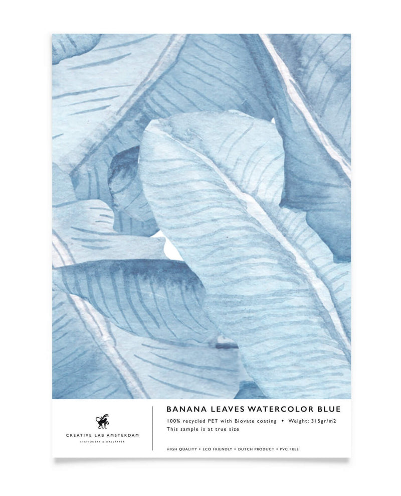 Creative Lab Amsterdam badkamer behang Banana Leaves Watercolour bathroom Wallpaper Blue sample