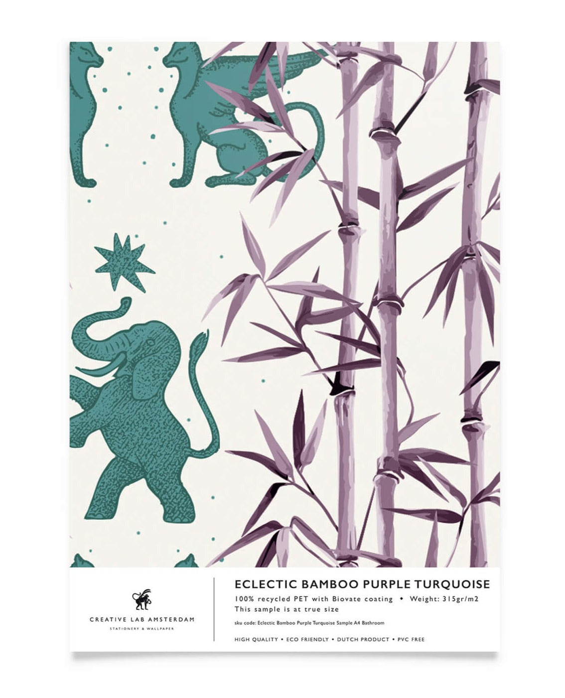 Creative Lab Amsterdam badkamer behang Eclectic Bamboo Purple Turquoise bathroom wallpaper sample