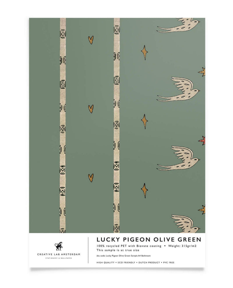 Creative Lab Amsterdam badkamer behang Lucky Pigeon Olive Green bathroom wallpaper sample