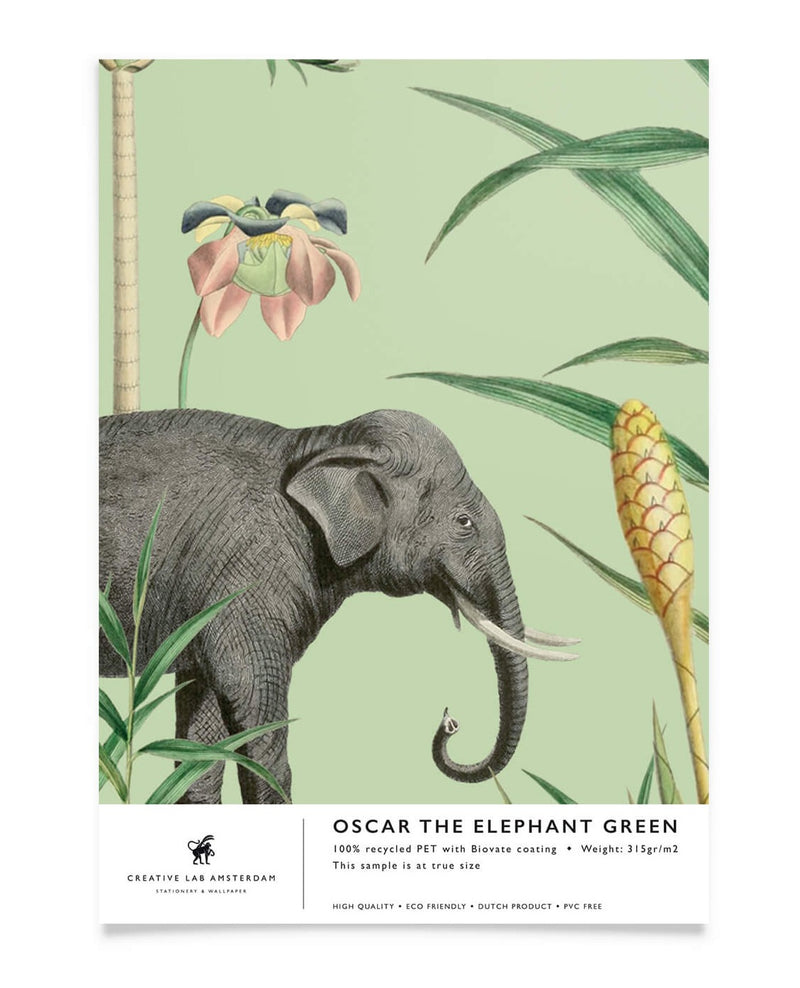 Creative Lab Amsterdam badkamer behang Oscar the Elephant Green bathroom Wallpaper sample