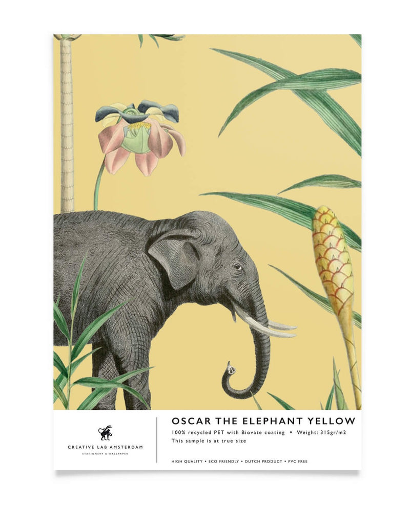 Creative Lab Amsterdam badkamer behang Oscar the Elephant Yellow bathroom Wallpaper sample