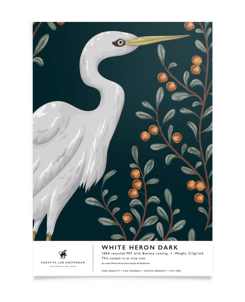 Creative Lab Amsterdam badkamer behang White Heron bathroom Wallpaper Dark sample