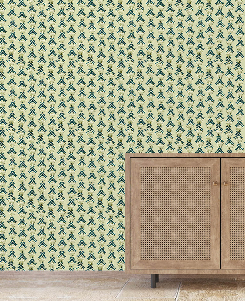 Block Flower Green Wallpaper Sample