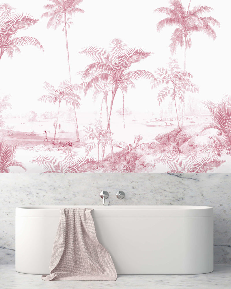 Creative Lab Amsterdam badkamer behang Exotic palms Pink bathroom Wallpaper