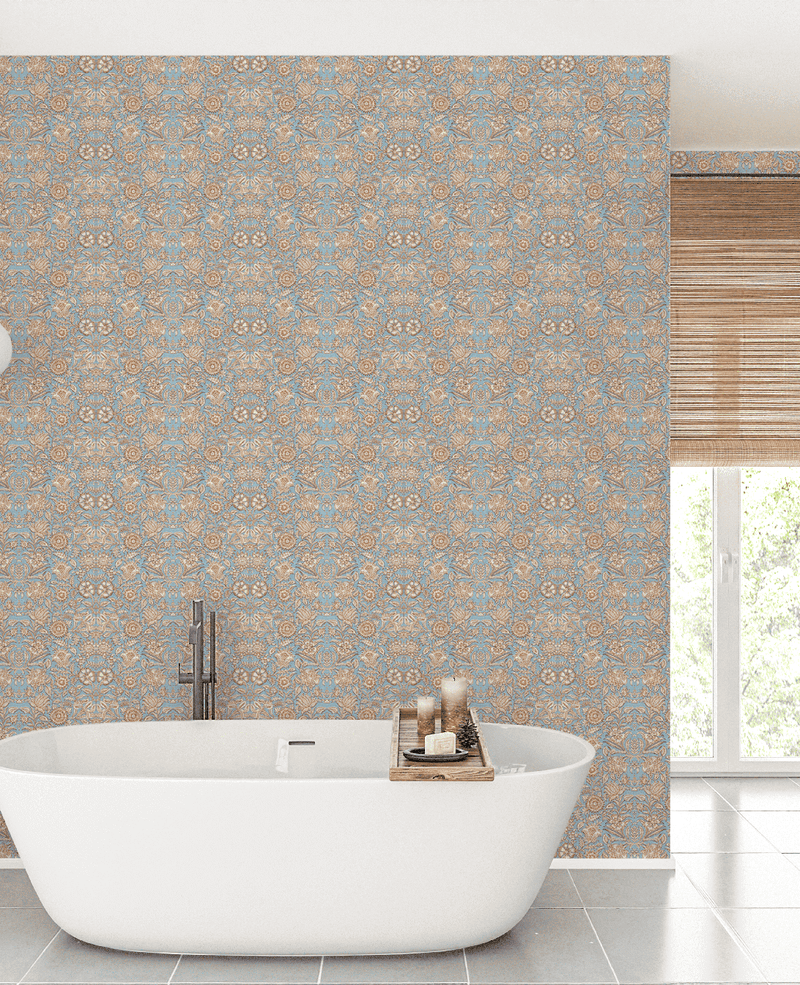 Creative Lab Amsterdam behang Indian Flower Blue bathroom wallpaper