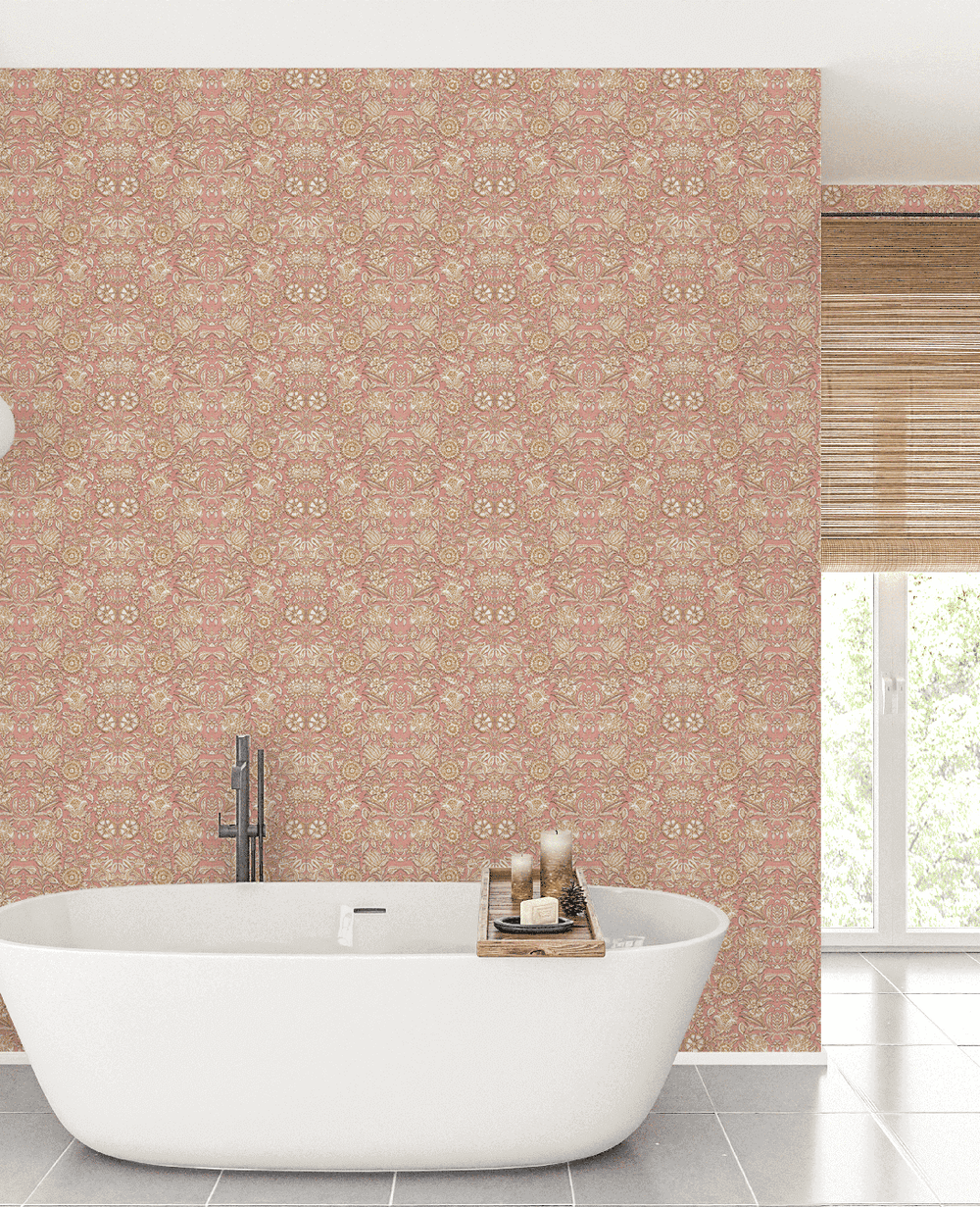 Creative Lab Amsterdam behang Indian Flower Pink bathroom wallpaper