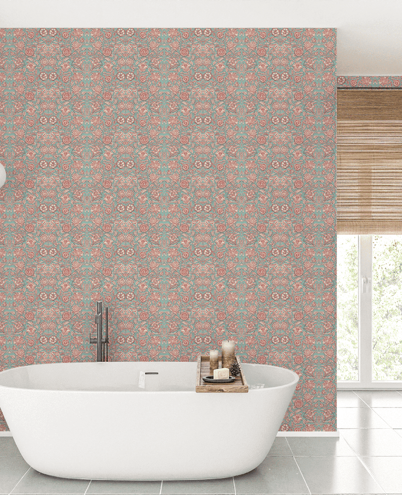 Creative Lab Amsterdam badkamer behang Indian Flower Turquoise bathroom wallpaper