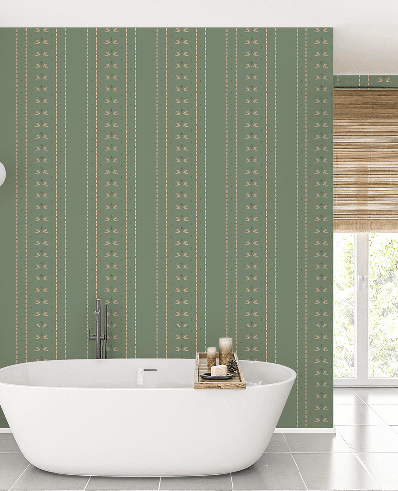 Creative Lab Amsterdam badkamer behang Lucky Pigeon Olive Green bathroom wallpaper