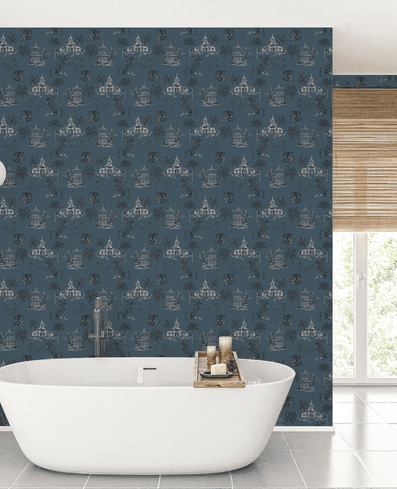 Creative Lab Amsterdam badkamer behang Oriental Teahouse Blues Blue bathroom Wallpaper