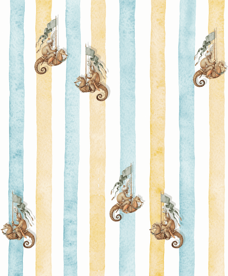 Creative Lab Amsterdam behang Seahorse Riders Yellow & Blue wallpaper detail