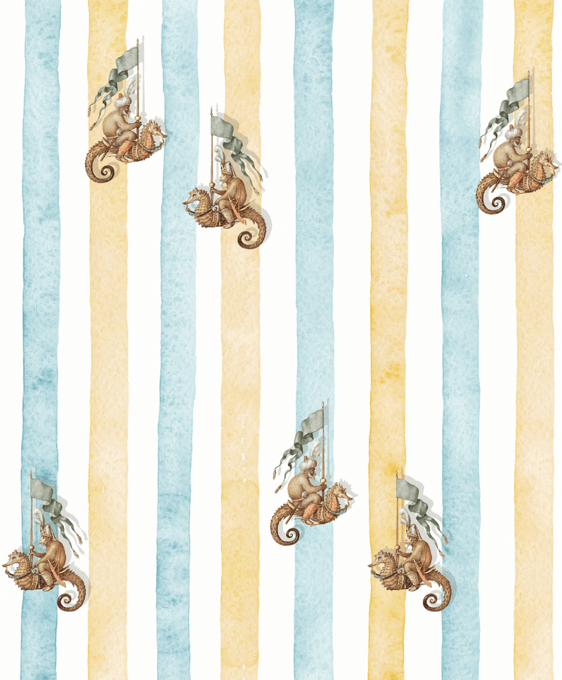 Creative Lab Amsterdam behang Seahorse Riders Yellow & Blue wallpaper detail