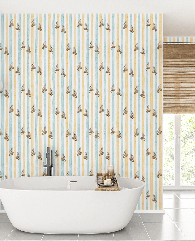 Creative Lab Amsterdam badkamer behang Seahorse Riders Yellow & Blue bathroom wallpaper