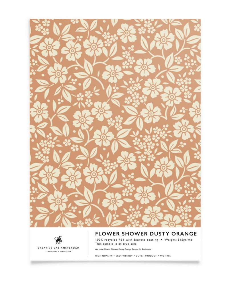 Creative Lab Amsterdam badkamer behang Flower Shower Dusty Orange bathroom Wallpaper sample