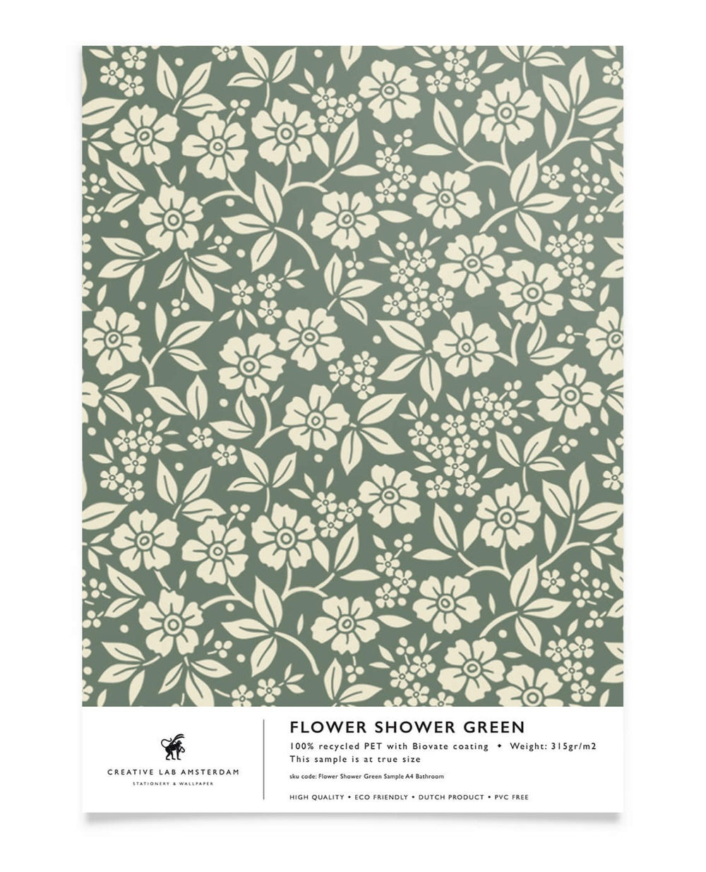Creative Lab Amsterdam behang Flower Shower Green Bathroom wallpaper sample