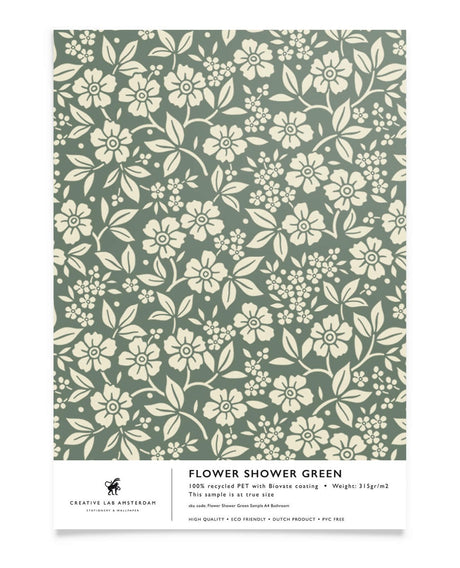 Creative Lab Amsterdam behang Flower Shower Green Bathroom wallpaper sample