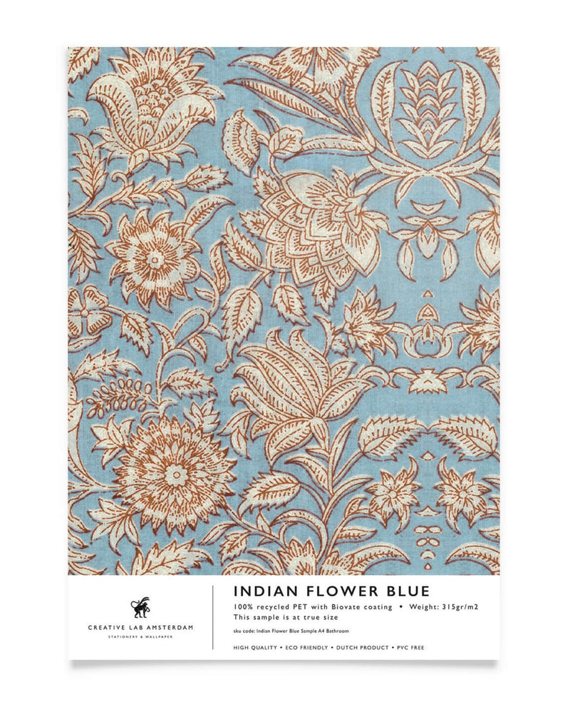 Creative Lab Amsterdam behang Indian Flower Blue bathroom wallpaper sample