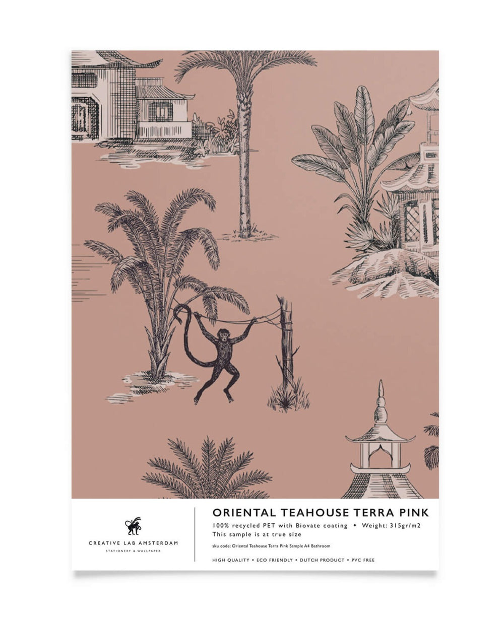 Creative Lab Amsterdam behang Oriental Teahouse Terra Pink bathroom wallpaper sample