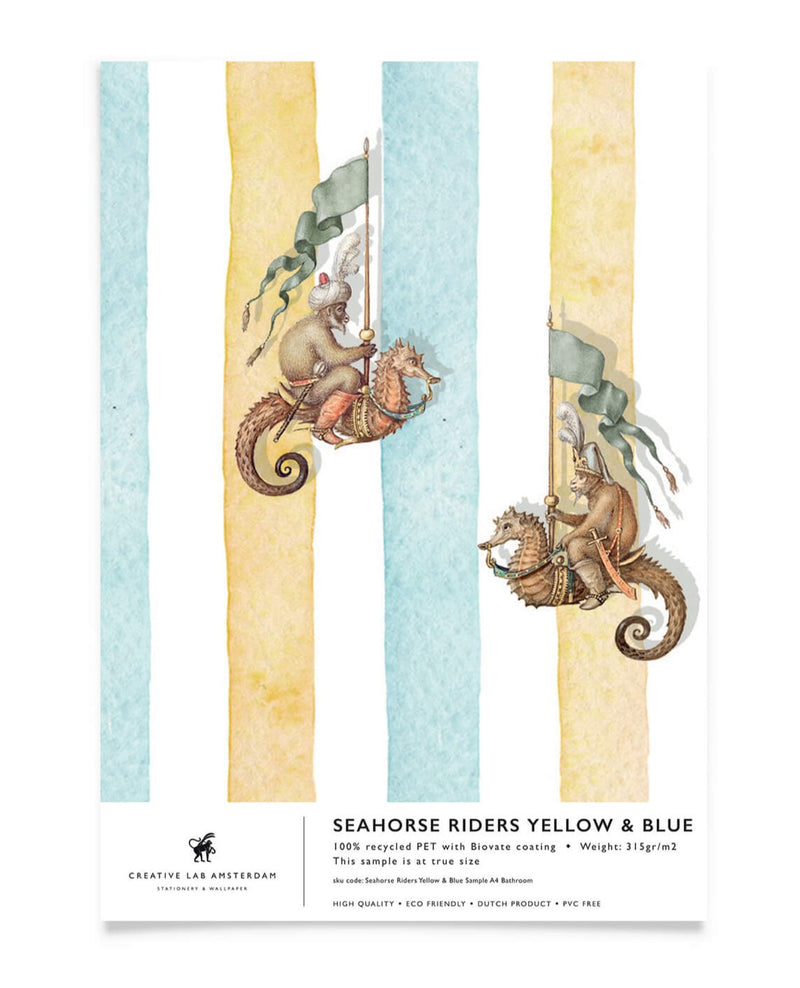 Creative Lab Amsterdam Seahorse Riders Yellow & Blue bathroom wallpaper sample