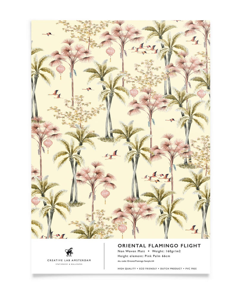 Oriental Flamingo Flight wallpaper sample by Creative Lab Amsterdam