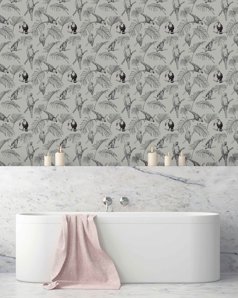 Creative Lab Amsterdam badkamer behang Tropic Tucan bathroom Wallpaper Taupe