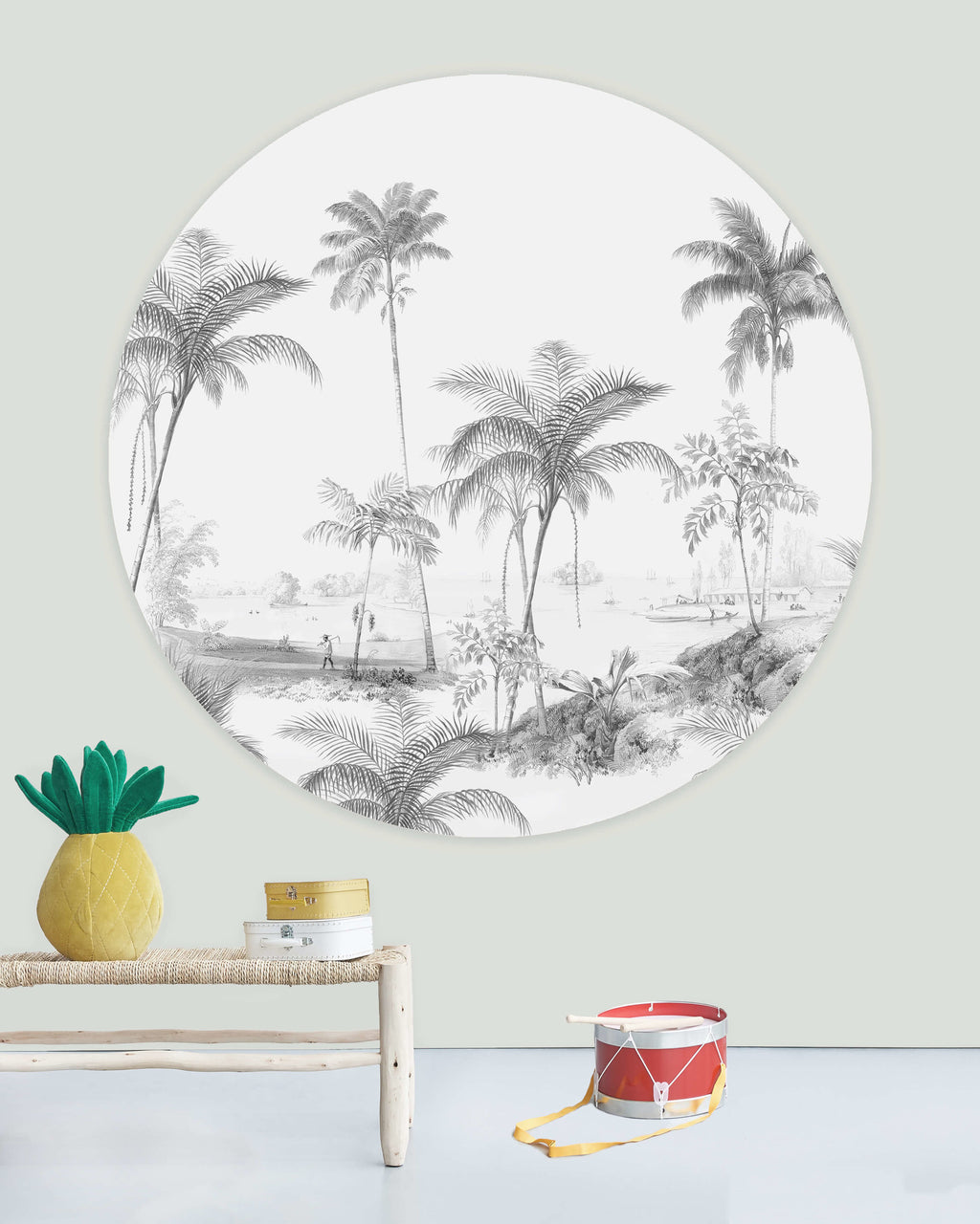 Creative Lab Amsterdam behang cirkel Exotic palms - Black & White Wallpaper circle