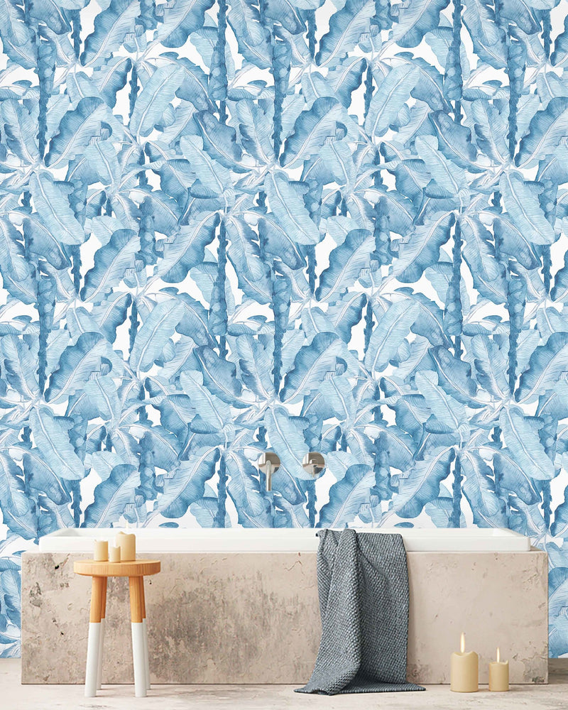 Creative Lab Amsterdam badkamer behang Banana Leaves Watercolour bathroom Wallpaper Blue