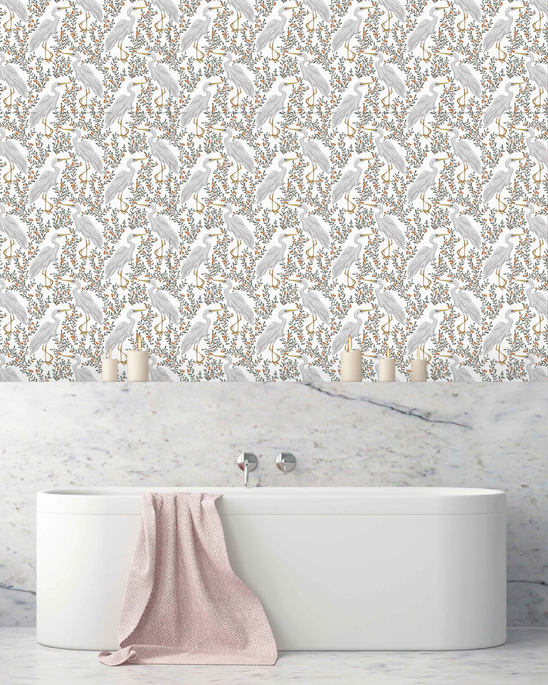 Creative Lab Amsterdam badkamer behang White Heron bathroom Wallpaper Light