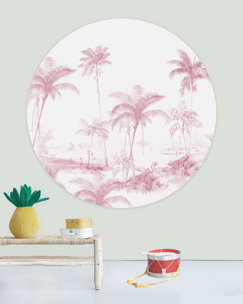Creative Lab Amsterdam behang cirkel Exotic palms - Pink Wallpaper circle
