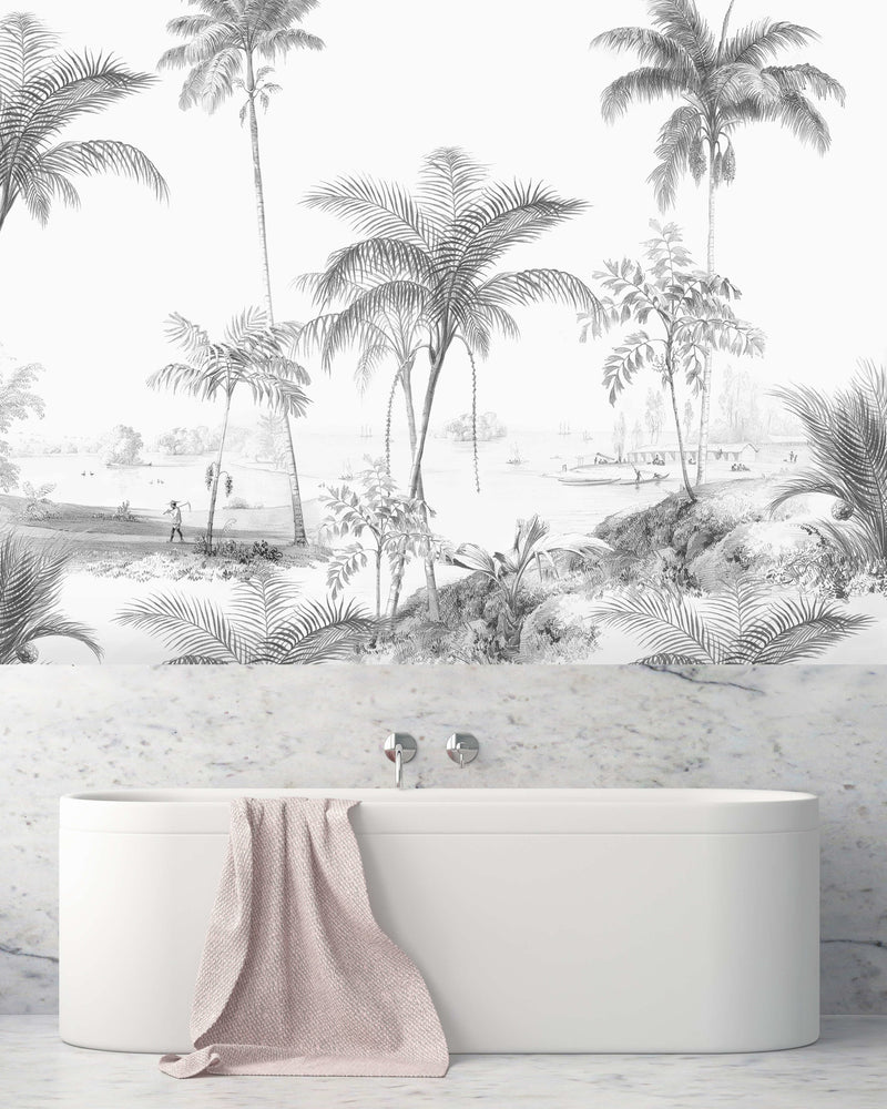 Creative Lab Amsterdam behang Exotic palms - Black & White bathroom Wallpaper