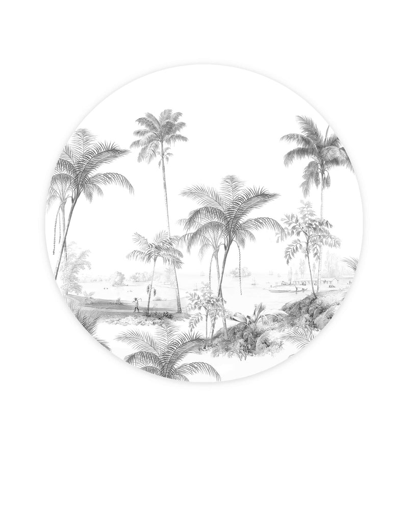 Creative Lab Amsterdam behang cirkel Exotic palms - Black & White Wallpaper circle